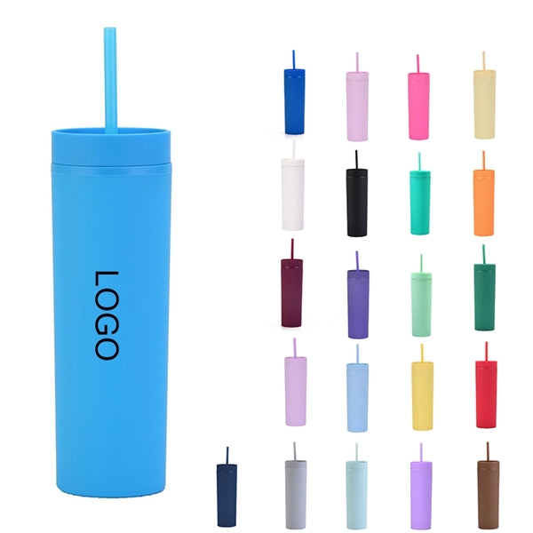 16oz Double Wall Plastic Tumbler with Lid and Straw