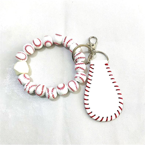 Softball Style Wooden Bead Bracelet Key Chain