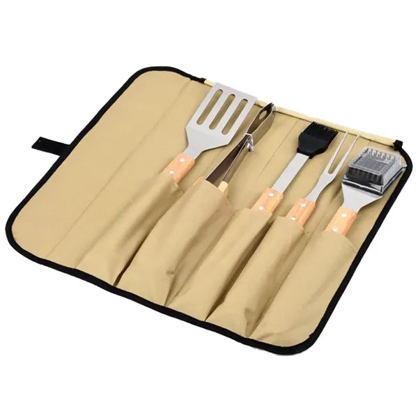 5 pcs Wood BBQ Tools Set With Bag