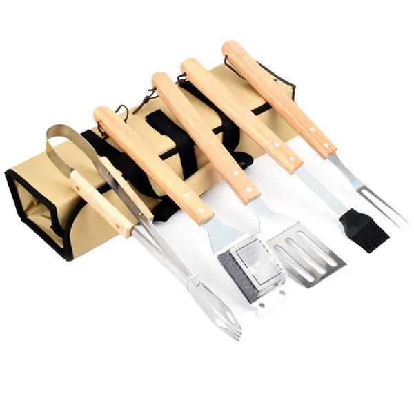 5 pcs Wood BBQ Tools Set With Bag