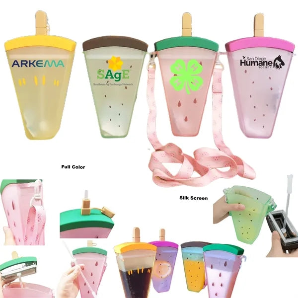 320 ML Popsicles Shape Fruit Print Water Bottle with Straw