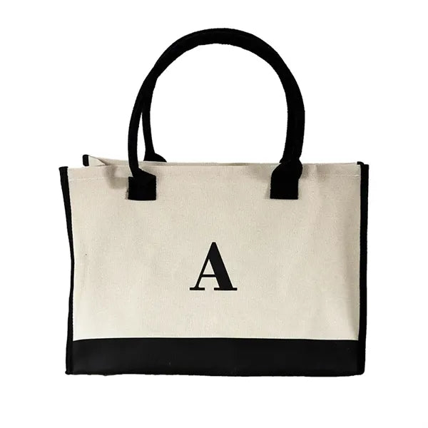 Classic Black and White Initial Canvas Tote Bag