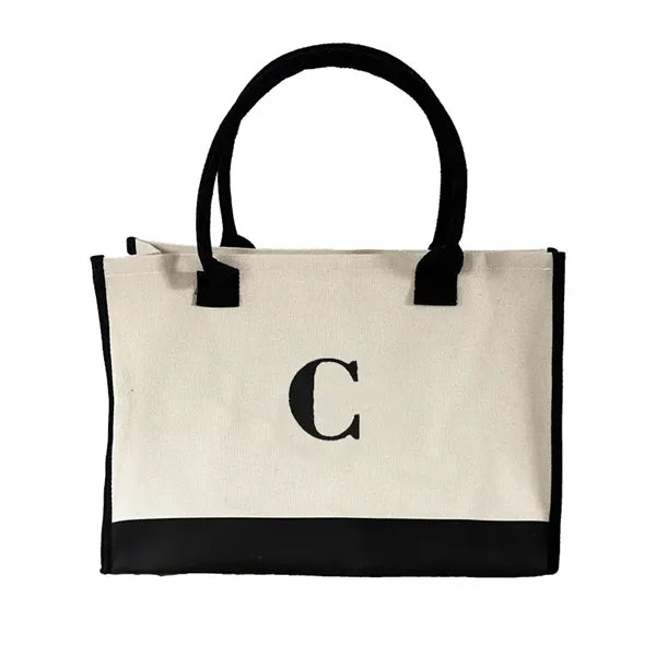 Classic Black and White Initial Canvas Tote Bag