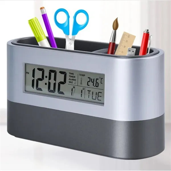 Multifunctional Pen Holder With Alarm Clock And Calendar