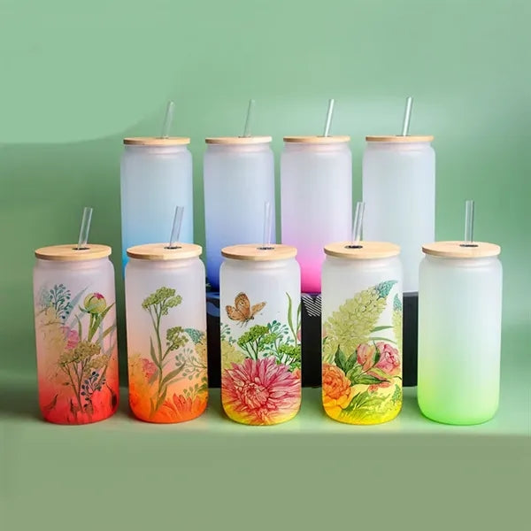 Gradient Frosted Glass Tumbler 16 OZ With Straw and Lid