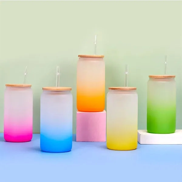 Gradient Frosted Glass Tumbler 16 OZ With Straw and Lid