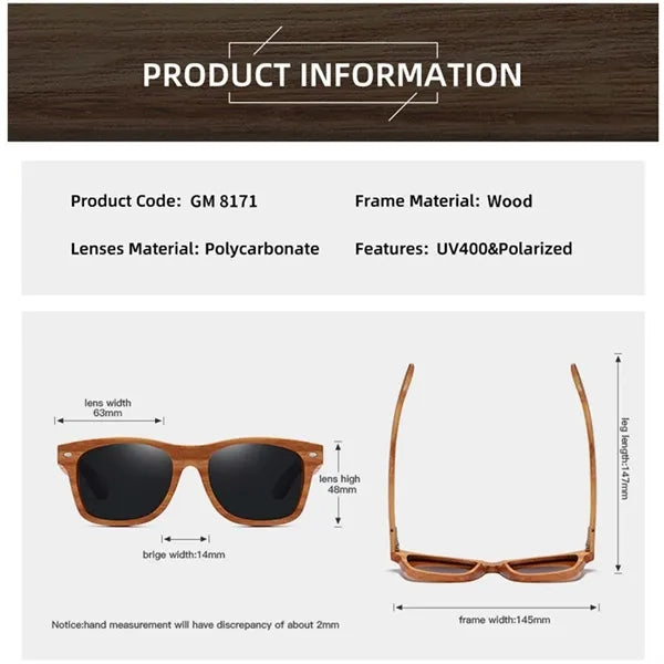 UV400 Unisex Wooden Frame Square Polarized Sunglasses