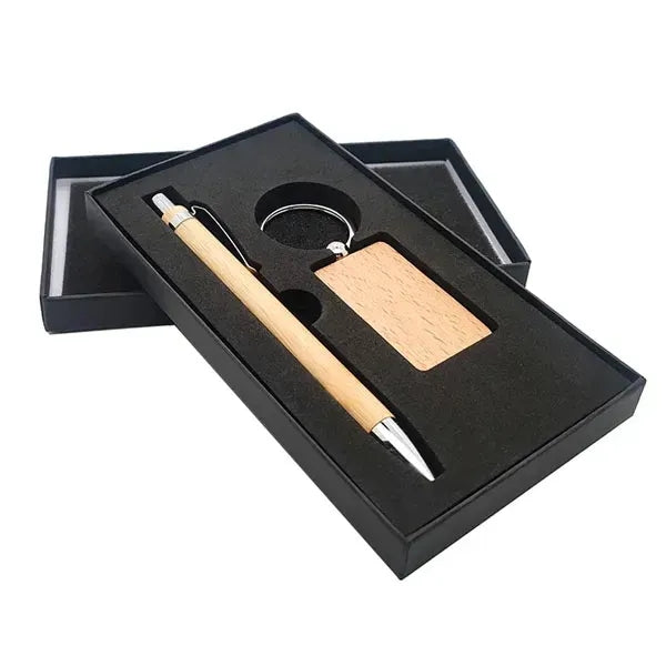 Bamboo Pen and Wooden Keychain Gift Set