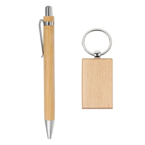 Bamboo Pen and Wooden Keychain Gift Set