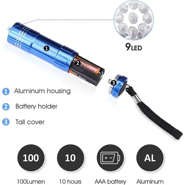 Aluminum 9 LED Flashlight Torch Batteries Included