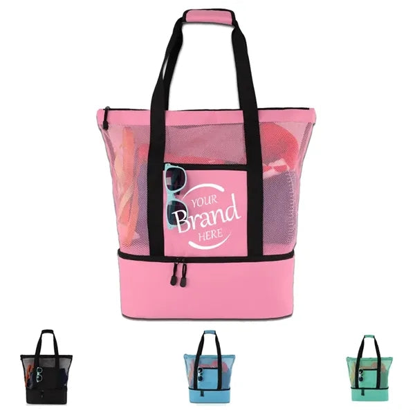 Mesh Beach Tote Bag with Bottom Insulated Cooler