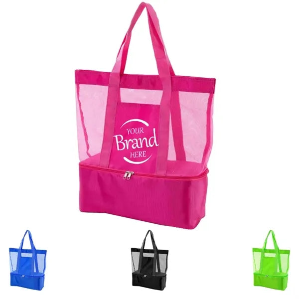 Mesh Beach Tote Bag with Bottom Insulated Cooler