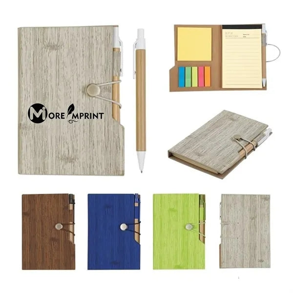4" x 6" Woodgrain Look Notebook W/ Sticky Notes and Pen Set