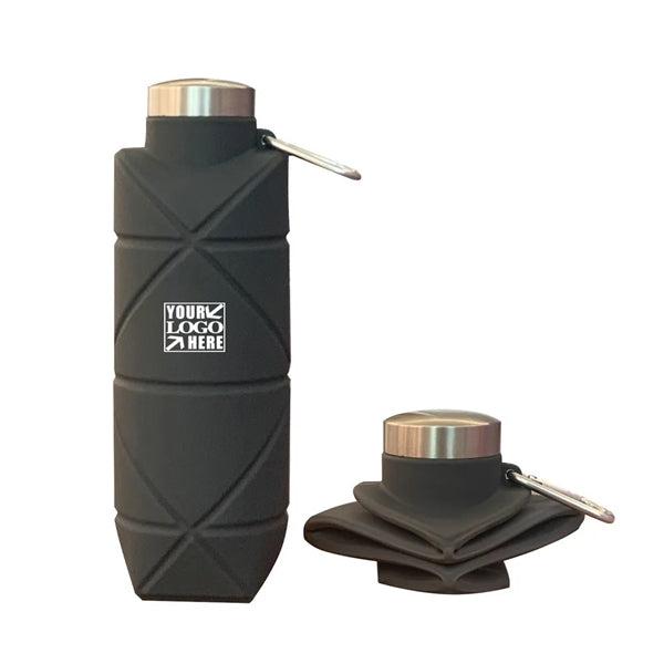 Collapsible Silicone Water Bottle with Carabiner & SS Cap