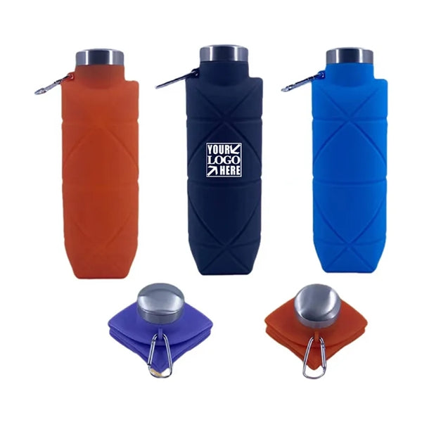 Collapsible Silicone Water Bottle with Carabiner & SS Cap