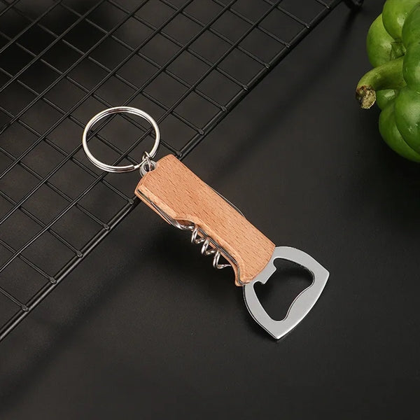 Mini Handle Metal Wooden Keychain Wine Beer Bottle Opener
