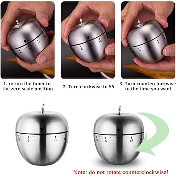 Stainless Steel Apple Rotating Alarm Clock Kitchen Timer