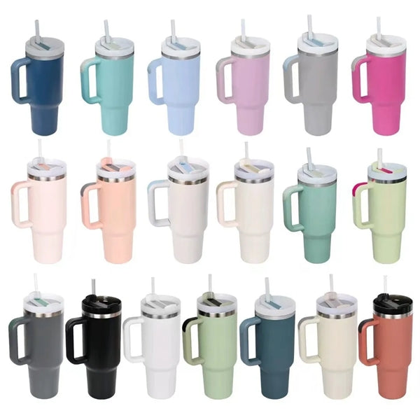 40OZ Double Wall Stainless Steel Straw Cup with Handle