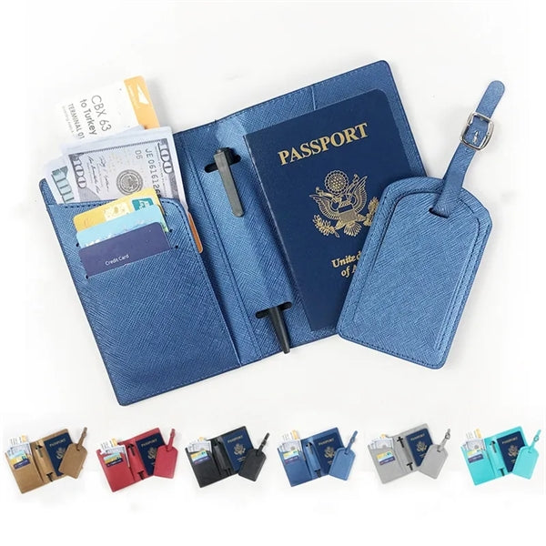 PU Leather Passport Cover Luggage Tag Set Boarding Wallet