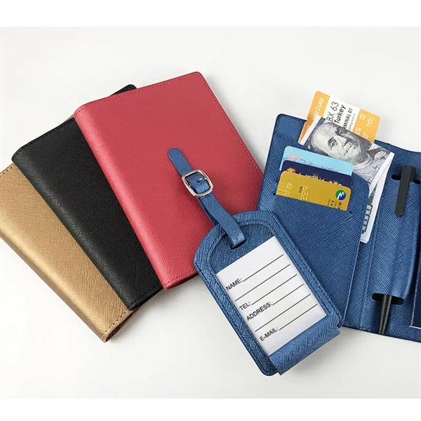 PU Leather Passport Cover Luggage Tag Set Boarding Wallet