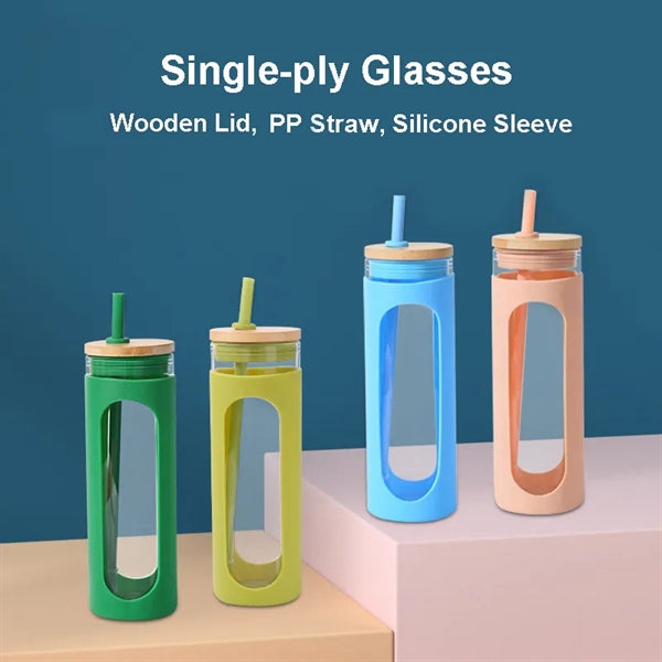Glass Tumbler with Silicone Sleeve, Wood Grain Lid and Straw
