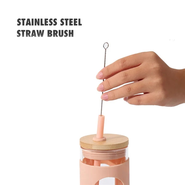 Glass Tumbler with Silicone Sleeve, Wood Grain Lid and Straw