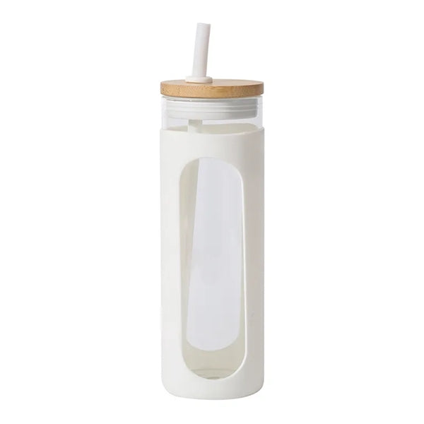 Glass Tumbler with Silicone Sleeve, Wood Grain Lid and Straw