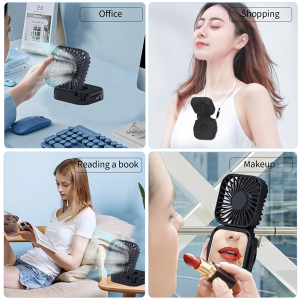 Foldable Portable USB Charging Neck Hanging Fan with Mirror