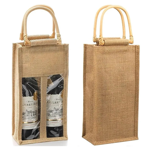 2 Bottle Window Jute Wine Bags