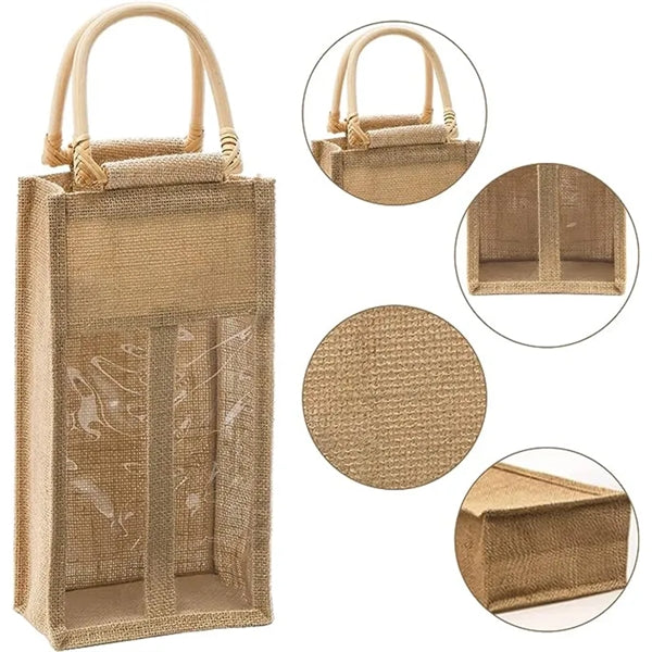 2 Bottle Window Jute Wine Bags