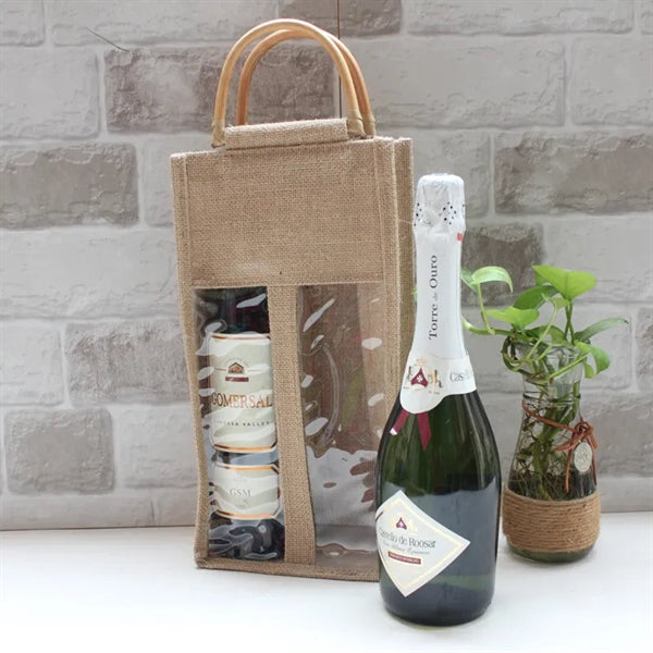 2 Bottle Window Jute Wine Bags
