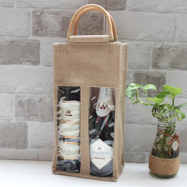 2 Bottle Window Jute Wine Bags