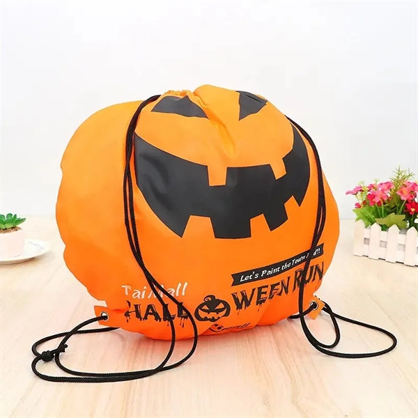 Orange Round Halloween Drawstring Polyester Bag For Sweets