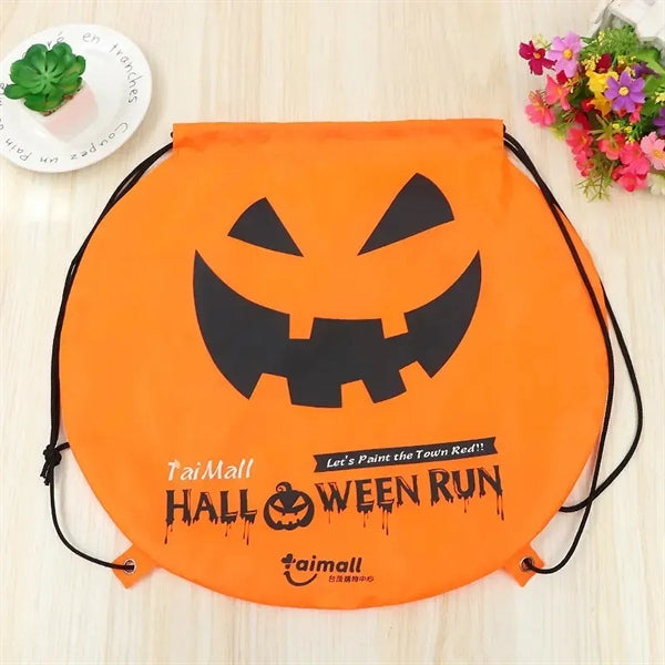 Orange Round Halloween Drawstring Polyester Bag For Sweets