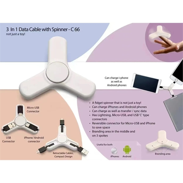 3-in-1 Cell Phone Charging Cable Spinner w/Type C Adapter