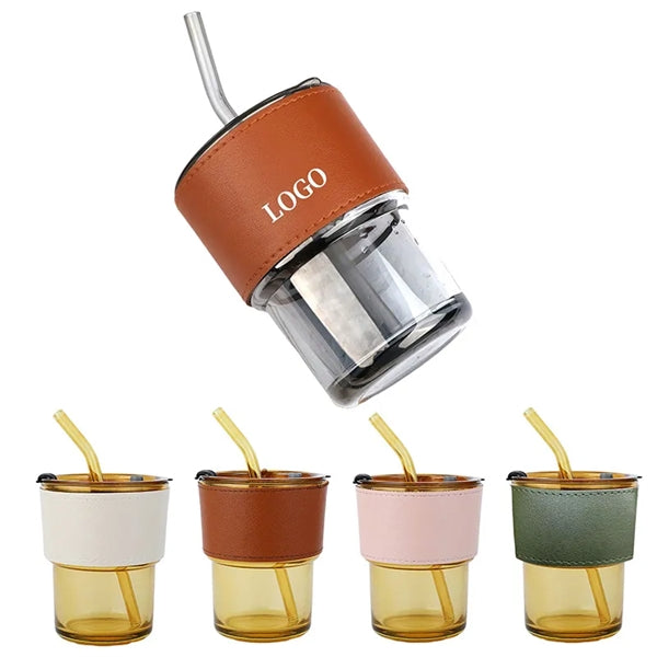 12oz Glass Tumbler with Straw and Lid leather Sleeve