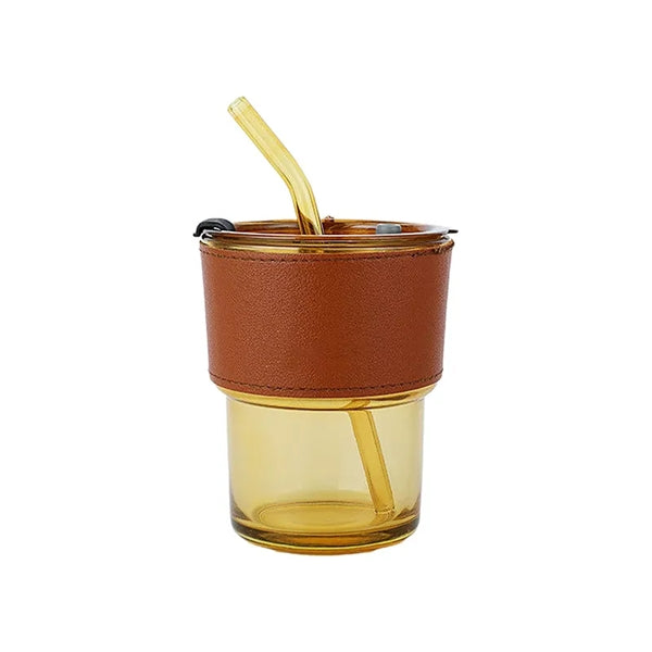 12oz Glass Tumbler with Straw and Lid leather Sleeve