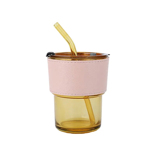 12oz Glass Tumbler with Straw and Lid leather Sleeve