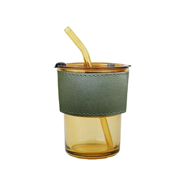 12oz Glass Tumbler with Straw and Lid leather Sleeve