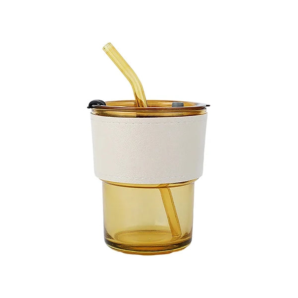 12oz Glass Tumbler with Straw and Lid leather Sleeve