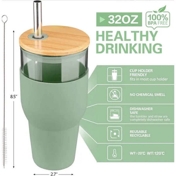 32 Oz. Glass Cups With Lids And Straws