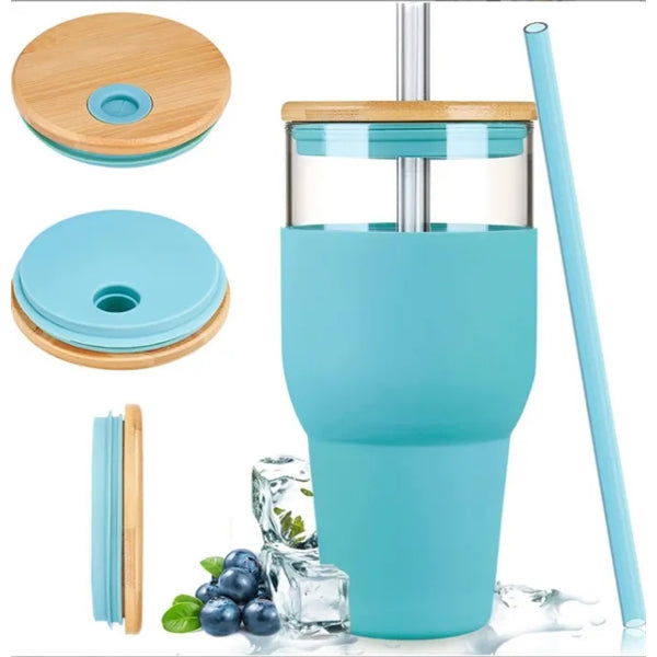 32 Oz. Glass Cups With Lids And Straws