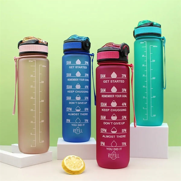 32oz Water Bottle With Time Marker & Straw