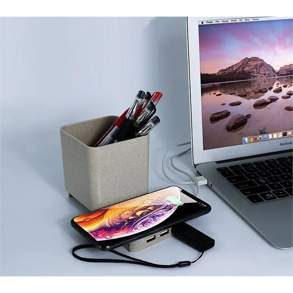 Wireless Charger Wheat Straw Pen Holder with USB Output Port