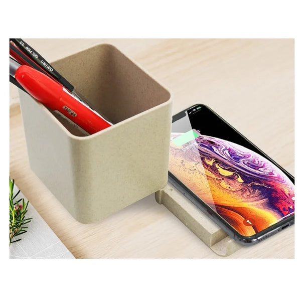 Wireless Charger Wheat Straw Pen Holder with USB Output Port