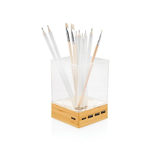 Acrylic Bamboo Pen Holder with USB Output Ports