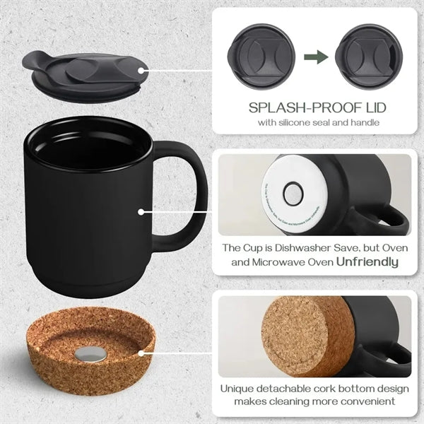 Ceramic Coffee Mug With Cork Bottom And Spill Proof Lid