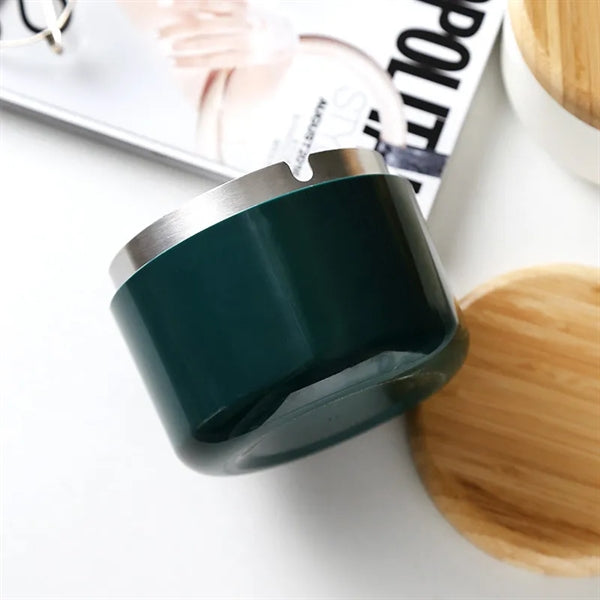 Portable High Capacity Stainless Steel Ashtray With Wood Lid