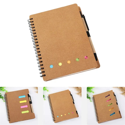 Kraft Paper Cover Spiral Notebook with Pen and Sticky Notes