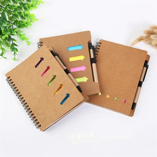 Kraft Paper Cover Spiral Notebook with Pen and Sticky Notes